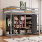 Kinder-Hochbett mit Kleiderschrank und Regalen, Holz-Hochbettrahmen mit Stauraumschrank für Kinder und Jugendliche