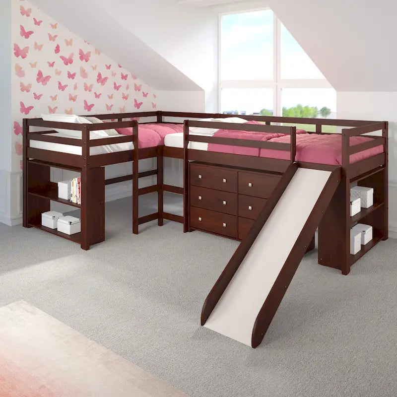 Ensemble de chambre avec deux lits simples en L et toboggan, finition cappuccino foncé