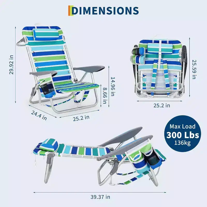 Acekool 2er-Pack leichte Strandstühle im Rucksackdesign, 5-fach verstellbare, flach klappbare Stühle für Erwachsene mit Gurten, Getränkehalter und Handtuchstange, belastbar bis 300 lbs