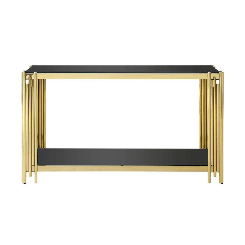 Smalle consoletafel met 2 niveaus, goudkleurig metalen frame en blad van gehard glas