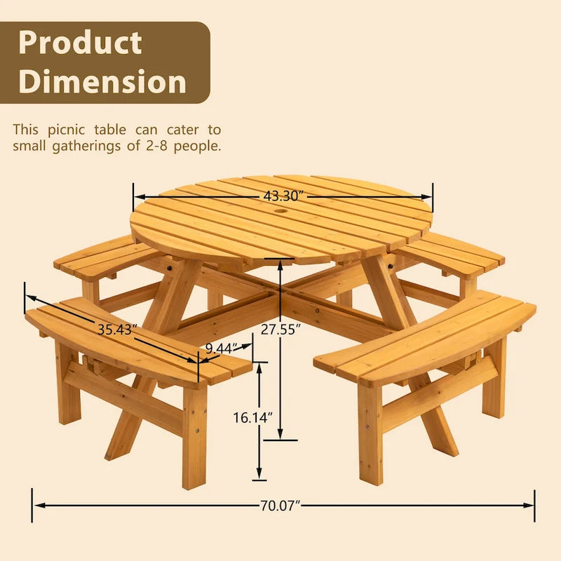 Set da picnic rotondo da esterno per 8 persone in legno di abete, con 4 panche integrate e foro per ombrellone