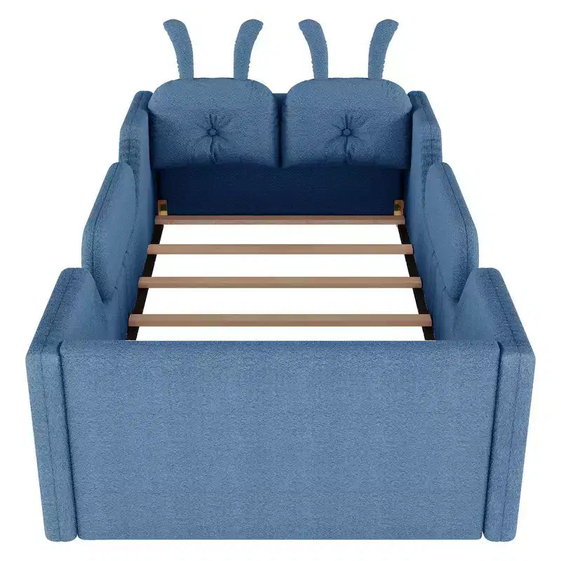 Whisen eenpersoonsbed met platform, gestoffeerd kinderbedframe voor op de vloer met konijnenkussen en afneembare zijhekken