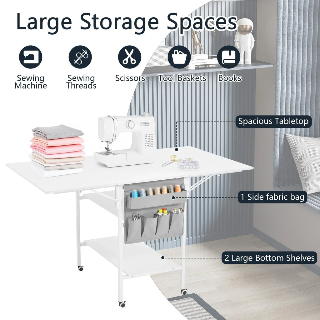 Table d’activités réglable en hauteur avec étagères de rangement, table de découpe pliante et mobile pour bureau à domicile, couture ou loisirs créatifs