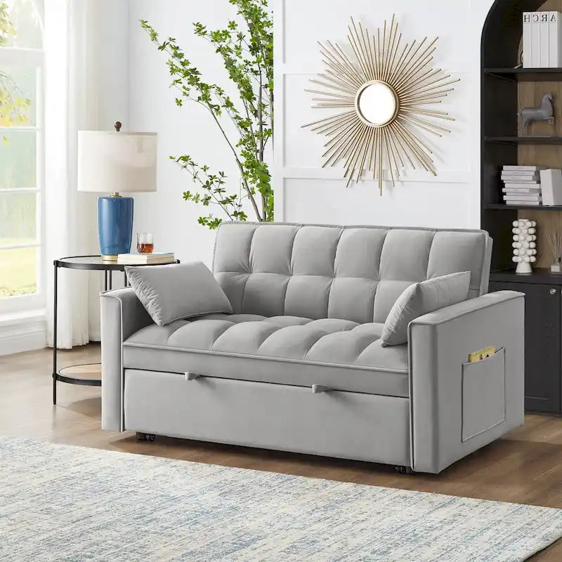 Rozkładana sofa dwuosobowa 4 w 1 z podłokietnikami i kieszeniami do przechowywania, wielofunkcyjna pikowana sofa z regulowanym oparciem