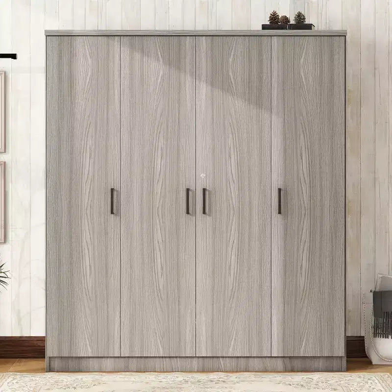 Viertüriger Kleiderschrank aus Holz mit Kleiderstange, 1 Schublade und Einlegeböden