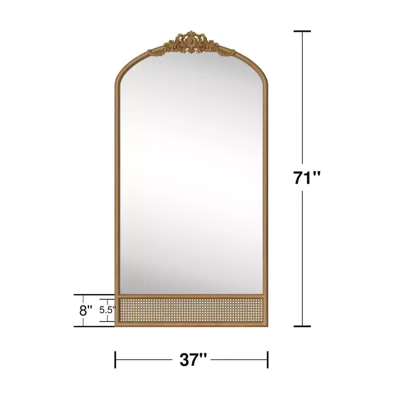 Klassischer Wandspiegel mit geschnitztem Rundbogen-Holzrahmen und unterem Rattanbereich, 37 in. W x 71 in. H, braun