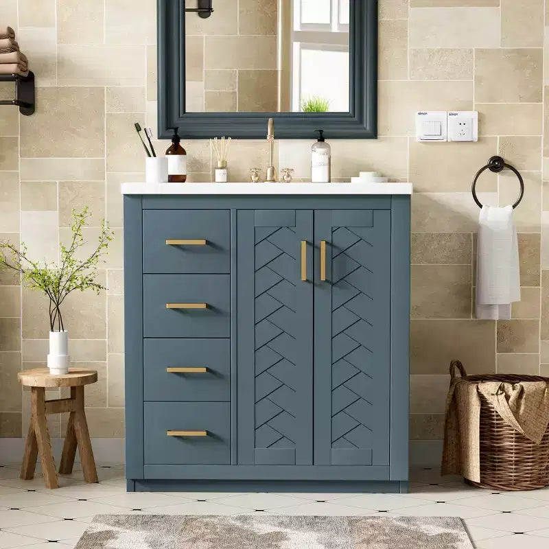 Badkamermeubel van 30 inch met enkele wastafel, kast en 3 laden - zwart / blauw / groen / indigo / wit