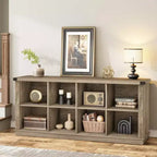 Bücherregal mit 8 Fächern, im Landhausstil, waagerecht, 62 Inch, aus Holz, für den Eingangsbereich, langes, niedriges Bücherregal fürs Wohnzimmer