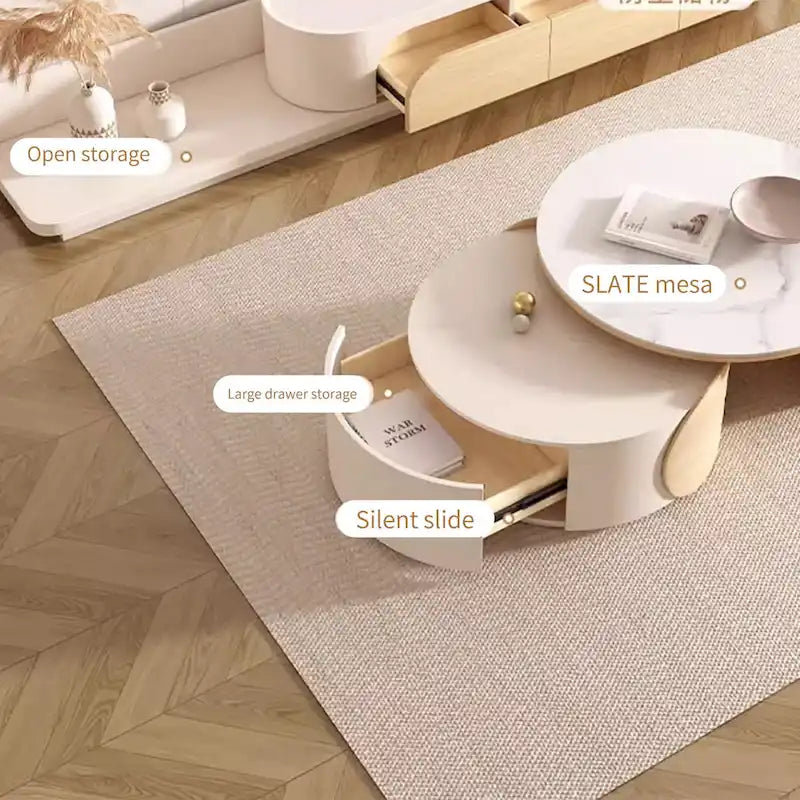 Moderne ronde salontafel, stenen tafelblad, natuurlijk hout - 50  x 31.5