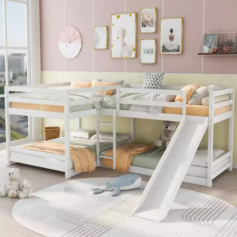 L-förmiges Etagenbett für 4 Kinder, Vierer-Etagenbett mit Rutsche und Bettgestell aus Holz in Full- und Twin-Size für Schlafzimmer und Wohnheim