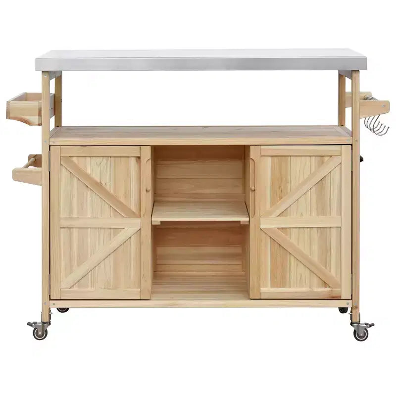 Okak Outdoor-Kücheninsel mit Edelstahlplatte, Küchenwagen aus Holz mit Türen, Ablagen und Gewürzregal, rollende Kücheninsel