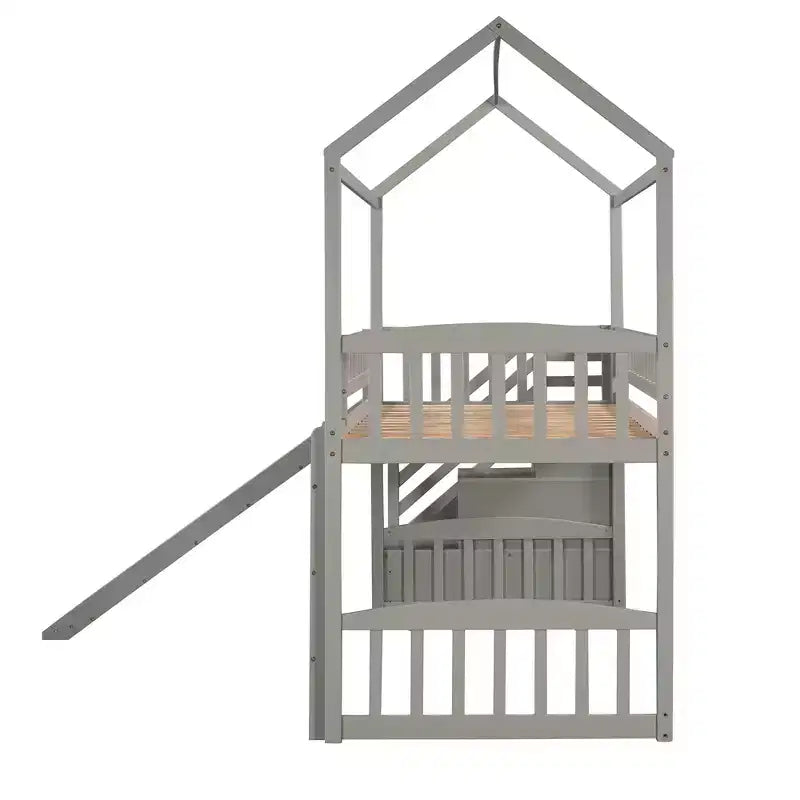 Hochbett in Hausform für Einzelbetten mit Rutsche und Treppe, Hochbett mit Schubladen, Holzhütten-Hochbett für Kinder und Kleinkinder
