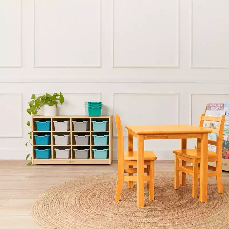 Mobiler Fächerschrank mit Tablettfächern und 15 Behältern mit Schaufelfront, 3x4, Kindermöbel