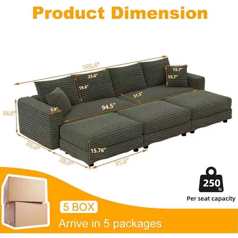 102.4 Plüschiges Cord-Schlafsofa für 4 Personen mit Hockern - Grün