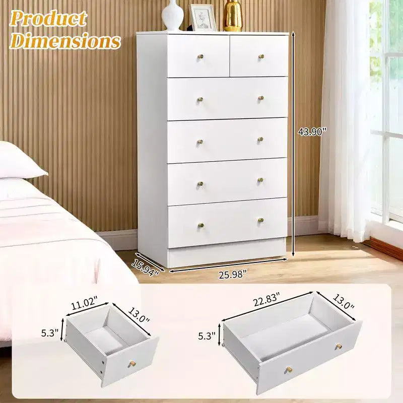 Karl Home große Kommode mit 6 Schubladen für Schlafzimmer, stabile Holzkommode und Aufbewahrungsmöbel für den Kleiderschrank, weiß