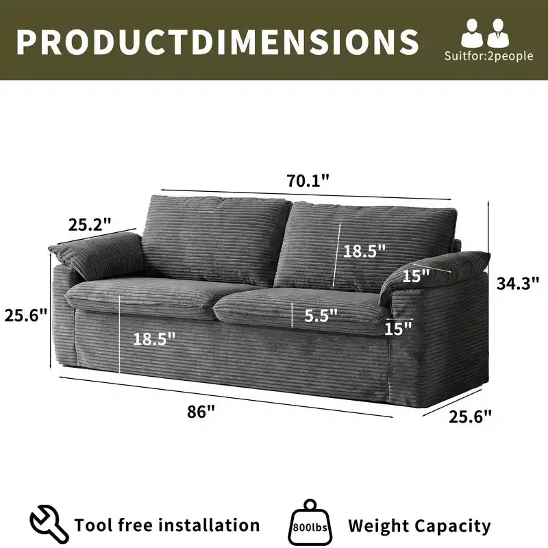 Divanetto a due posti Dyonery 86 Cloud, seduta profonda e cuscini con braccioli larghi, struttura robusta, design ergonomico traspirante