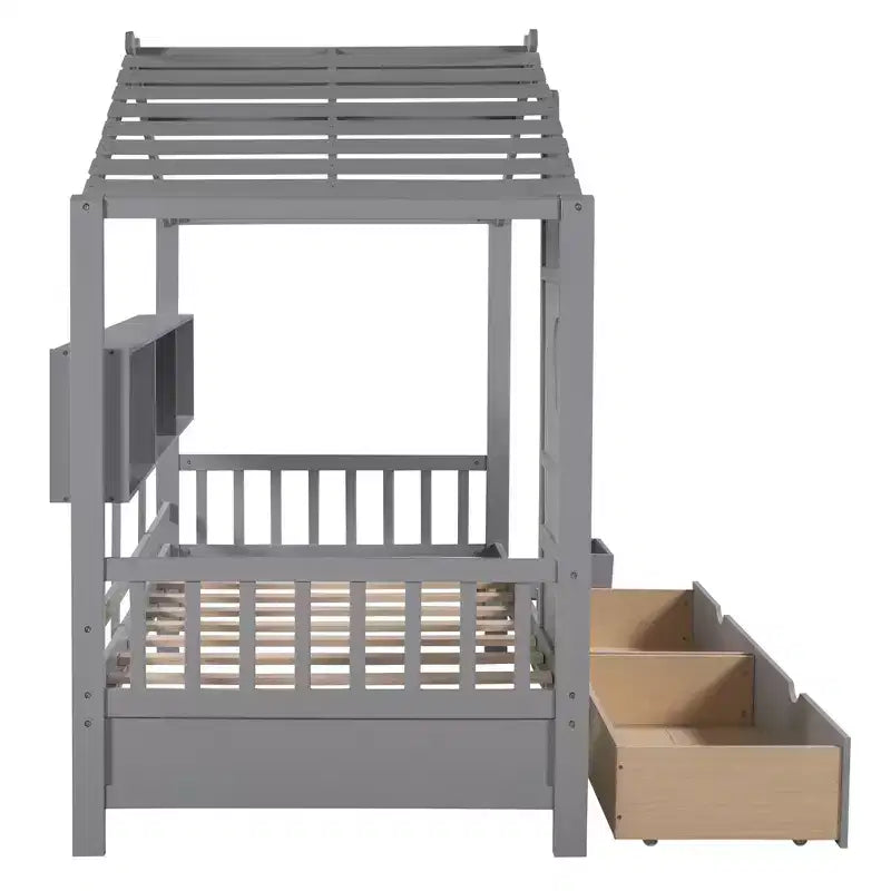 Holzhausbett in Twin-/Full-Size mit 2 Schubladen, Kinderbett mit Ablagefach - ModernLuxe