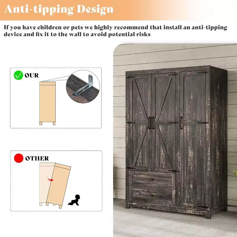 AMERLIFE 47-Zoll-Kleiderschrank im Landhausstil mit 3 Türen, 2 Schubladen, Kleiderstange und verstellbaren Einlegeböden, freistehender Kleiderschrank