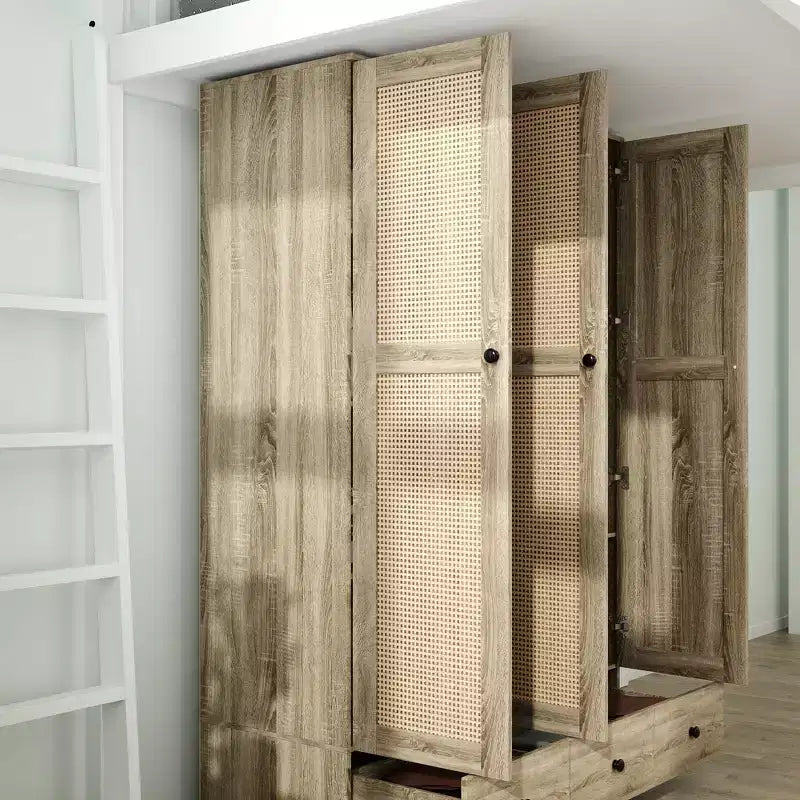 Armadio in rattan Famapy con 3 cassetti e 3 ante traspiranti in rattan, armadio alto in stile rustico per camera da letto