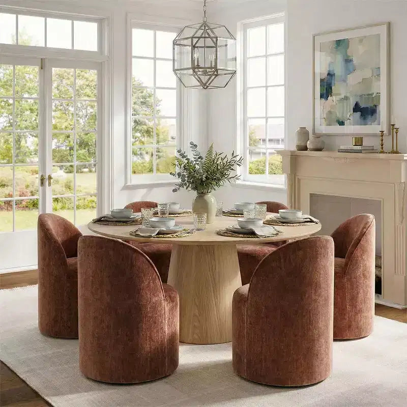 Conjunto de jantar moderno para 6 pessoas, mesa redonda com pé central, cadeiras giratórias tipo barril com rodas, chenille texturizado - Panipeachy