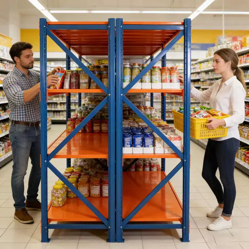 VIYET robuste Garagenregale, 4 Ebenen, verstellbare Metallregale mit 4400LBS Tragkraft, blau-orangefarbene Industrieregale für Gewerbe, Werkzeuge und Fitnessgeräte