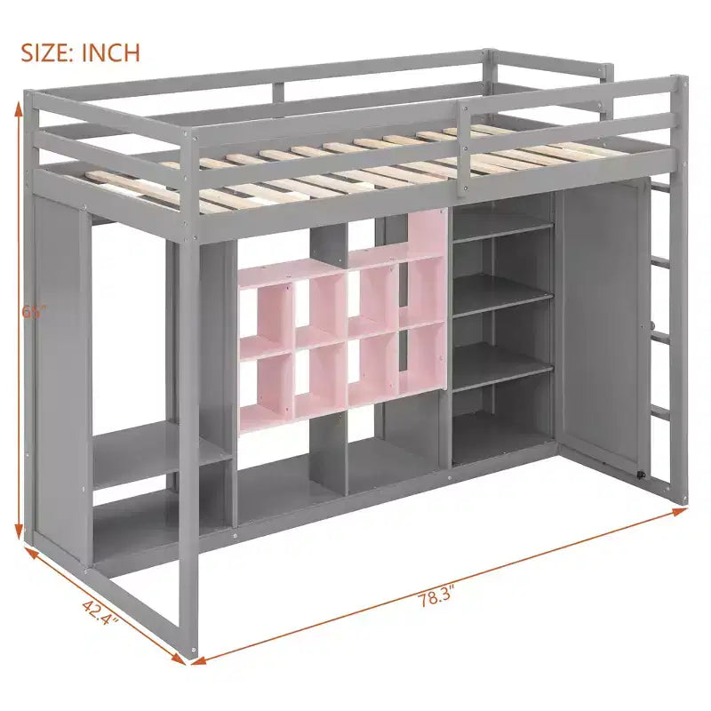 Kinder-Hochbett mit Kleiderschrank und Regalen, Holz-Hochbettrahmen mit Stauraumschrank für Kinder und Jugendliche