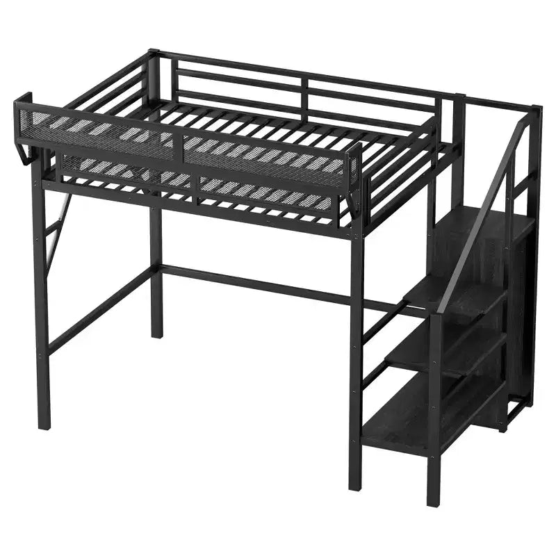 Okak hoogslaper van 94 inch voor een eenpersoonsbed, met kledingkast, opbergplanken en mand, bedframe voor slaapkamer of studentenkamer