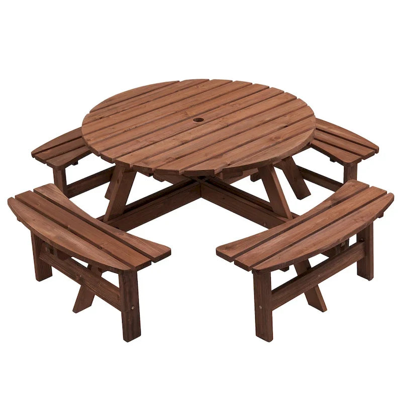 Set da picnic rotondo da esterno per 8 persone in legno di abete, con 4 panche integrate e foro per ombrellone