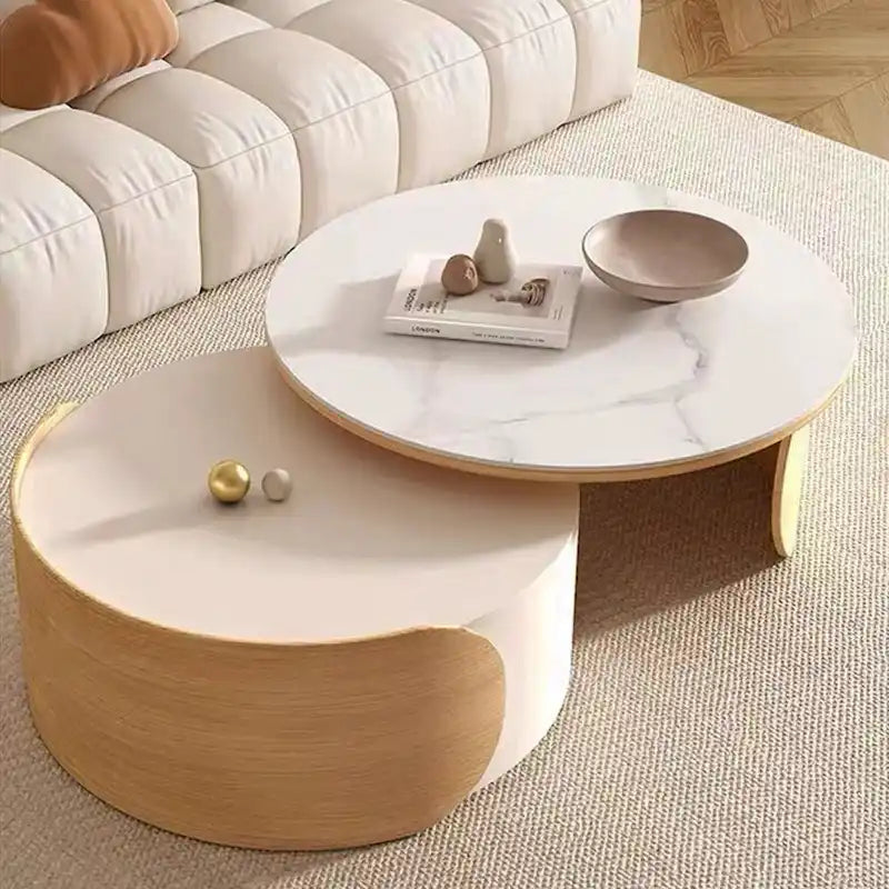 Moderne ronde salontafel, stenen tafelblad, natuurlijk hout - 50  x 31.5