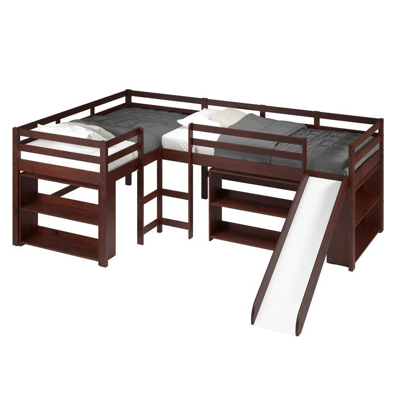 Ensemble de chambre avec deux lits simples en L et toboggan, finition cappuccino foncé
