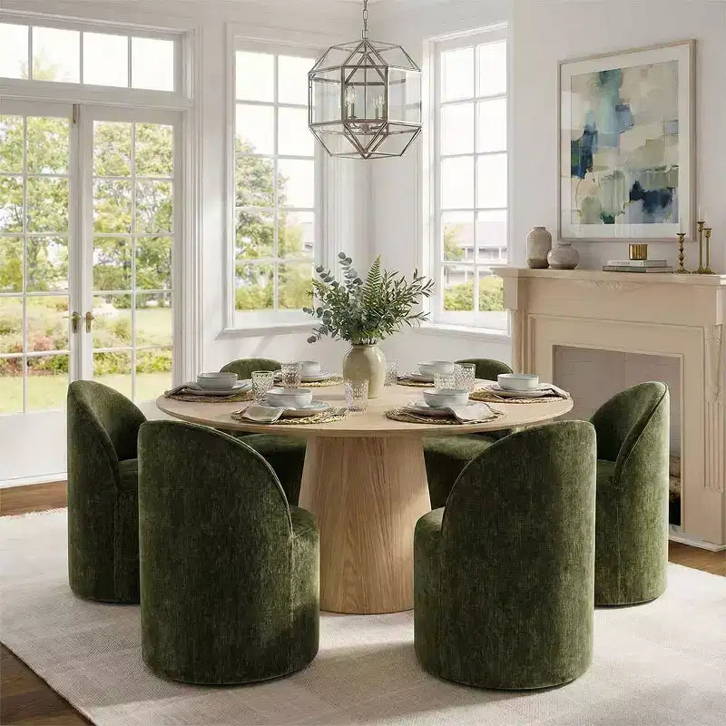 Conjunto de jantar moderno para 6 pessoas, mesa redonda com pé central, cadeiras giratórias tipo barril com rodas, chenille texturizado - Panipeachy