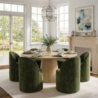 Conjunto de jantar moderno para 6 pessoas, mesa redonda com pé central, cadeiras giratórias tipo barril com rodas, chenille texturizado - Panipeachy