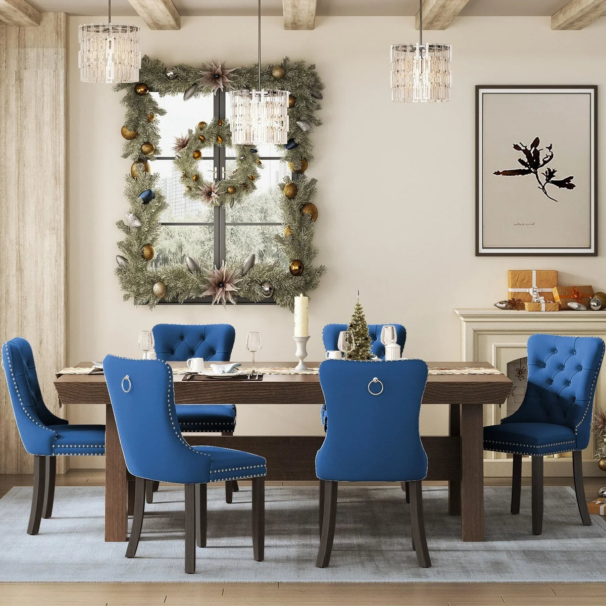 Upholstered Tufted Velvet Dining Chair with Solid Wood Legs Set of 6