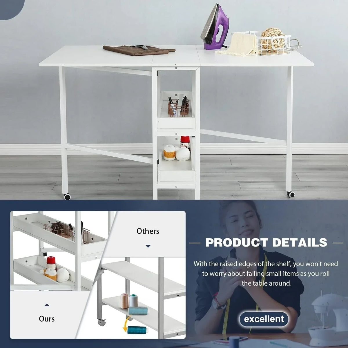Table d’activités réglable en hauteur avec étagères de rangement, table de découpe pliante et mobile pour bureau à domicile, couture ou loisirs créatifs