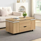 Table basse moderne multifonctionnelle à plateau relevable avec rangement caché, 4 tabourets et roulettes, idéale pour les espaces de vie modernes