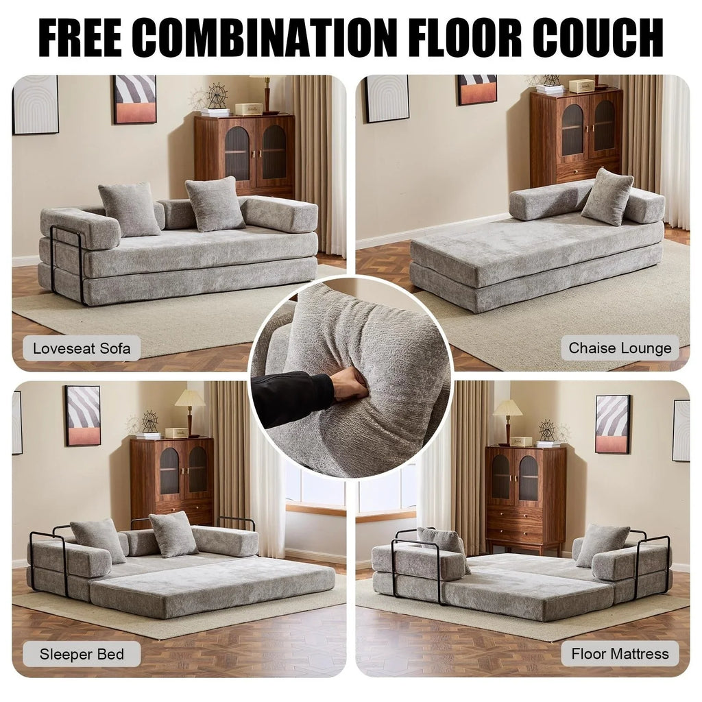 Verwandelbares Bodensofa-Bett mit Kissenlehne aus Chenille für Wohnzimmer und Schlafzimmer