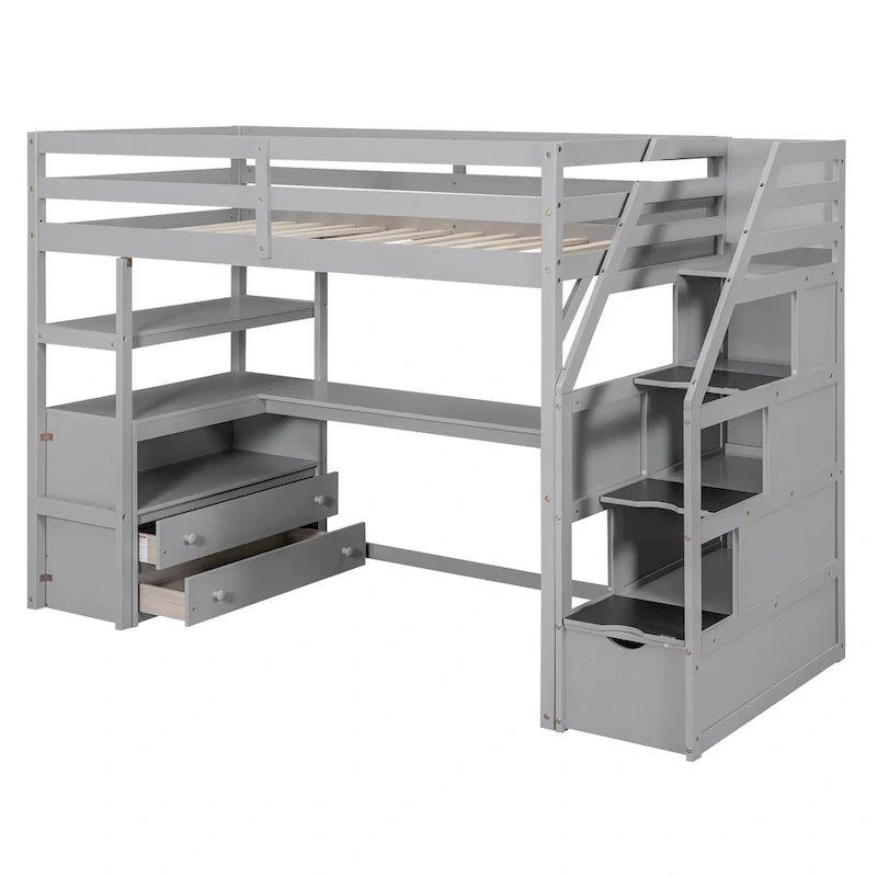 Lit mezzanine pour une personne avec bureau et étagères, deux tiroirs intégrés et escalier de rangement