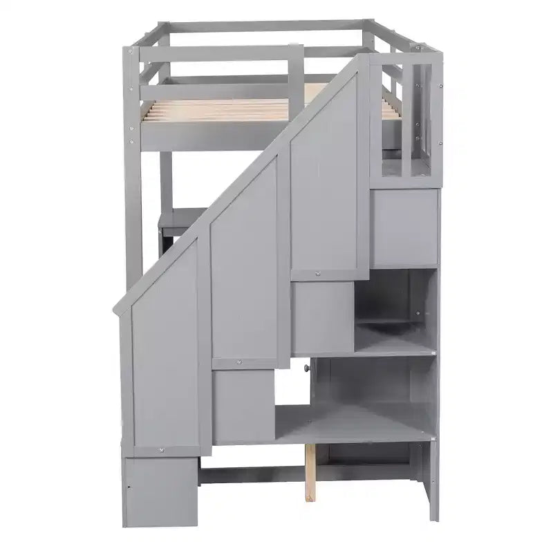 Halfhoogslaper in eenpersoonsmaat met L-vormig bureau, 3 laden, kast, opbergruimte in de trap, frame van massief grenenhout en MDF
