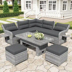 Conjunto de mobiliário de exterior em rattan, com mesa ajustável, cadeiras reclináveis e 2 pufes