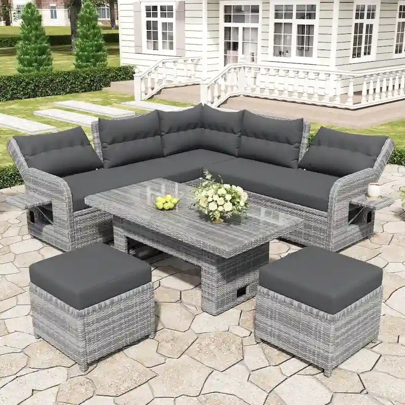 Conjunto de mobiliário de exterior em rattan, com mesa ajustável, cadeiras reclináveis e 2 pufes