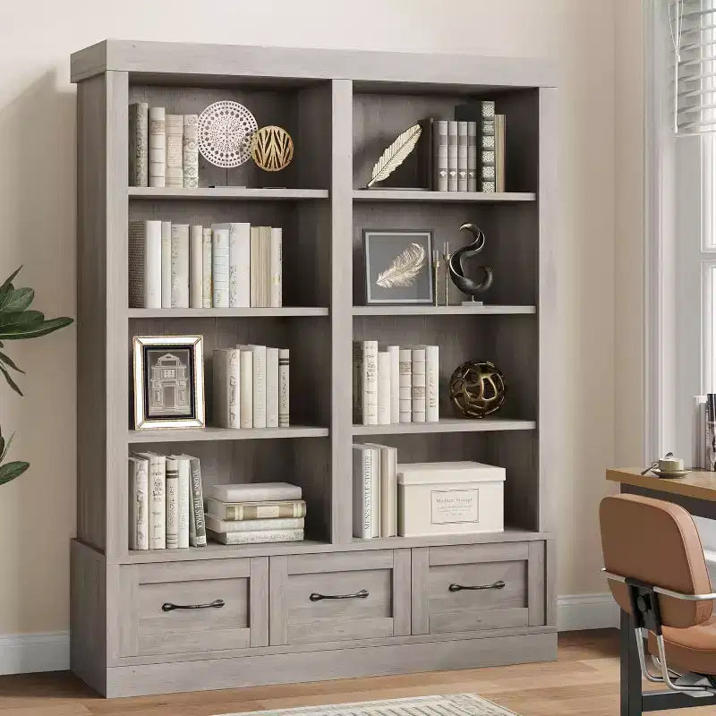 64 H Bücherregale und Bücherschränke, Bücherregal mit 3 Schubladen, 4 Ebenen, doppelt breit und offen, für Büro und Wohnzimmer