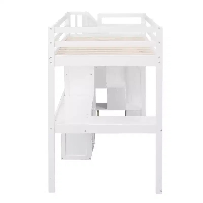Halfhoogslaper in eenpersoonsmaat met L-vormig bureau, 3 laden, kast, opbergruimte in de trap, frame van massief grenenhout en MDF