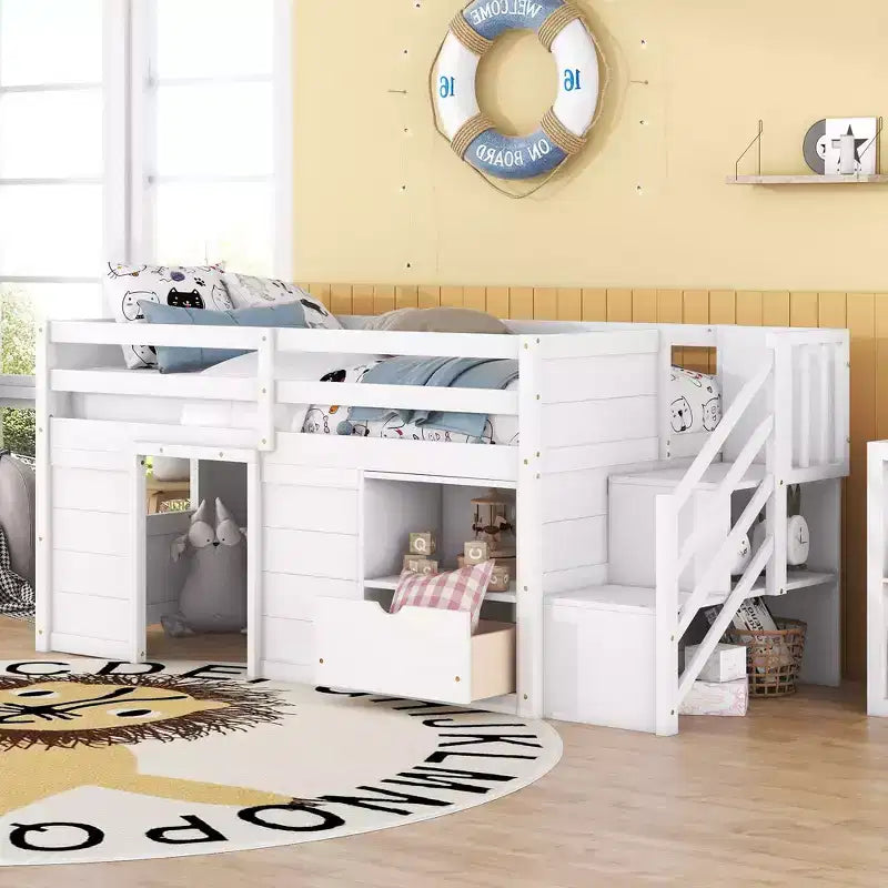 Okak Massivholz-Hochbett für Einzelmatratzen mit Treppe und Stauraum, niedriges Etagenbett mit Schubladen und Regalen, multifunktionales Hochbett für Kinder und Jugendliche