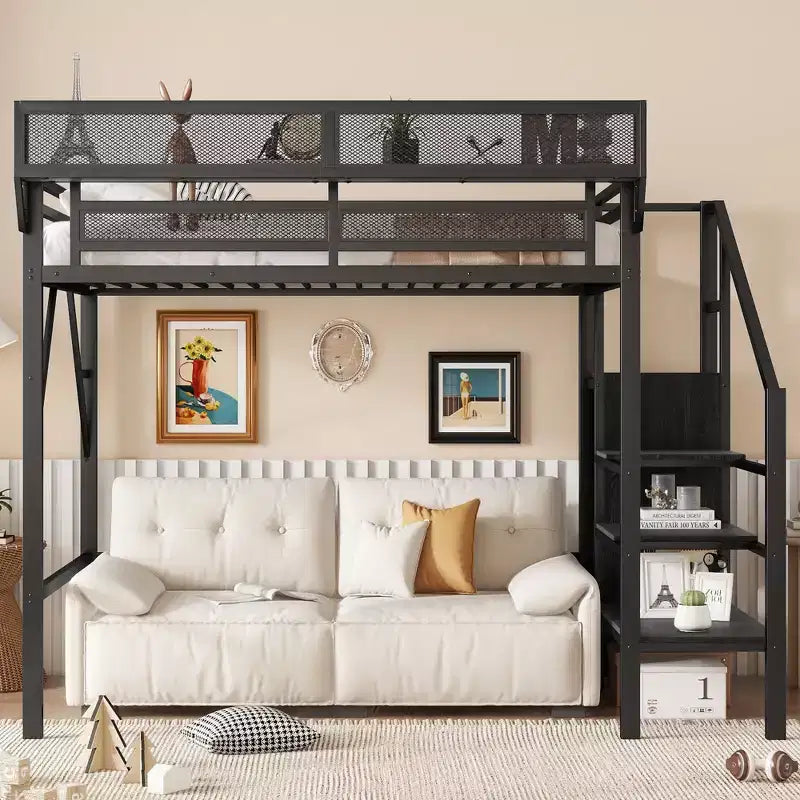 Okak hoogslaper van 94 inch voor een eenpersoonsbed, met kledingkast, opbergplanken en mand, bedframe voor slaapkamer of studentenkamer