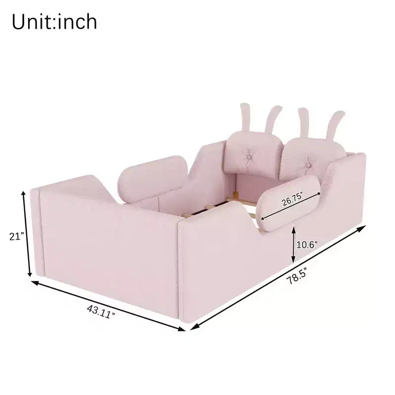 Whisen eenpersoonsbed met platform, gestoffeerd kinderbedframe voor op de vloer met konijnenkussen en afneembare zijhekken
