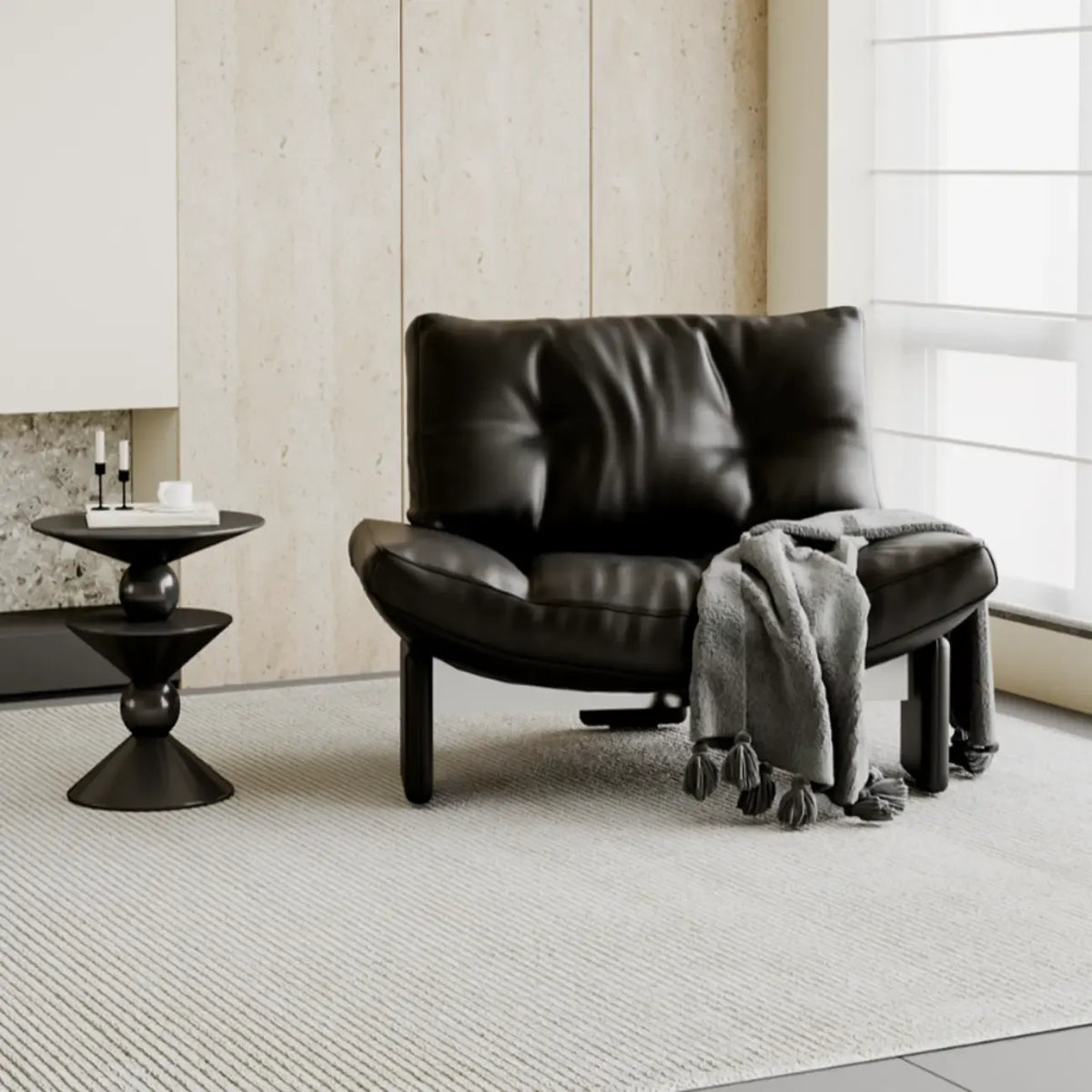 Fauteuil d'appoint contemporain noir en chenille capitonnée sans accoudoirs