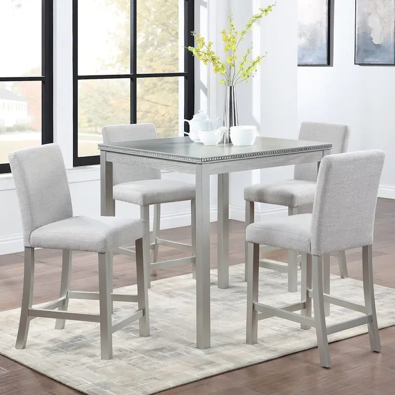 Moderne 5-delige eetset met vierkante tafel op aanrechthoogte en 4 gestoffeerde stoelen