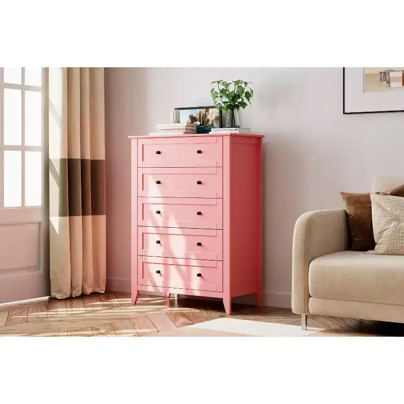Kommode mit 5 Schubladen, 42.5 Zoll hoch, für das Schlafzimmer, Holzschrank mit 11.9 Zoll tiefen Schubladen und goldenen Metallgriffen, ideal für Eingangsbereich oder Flur