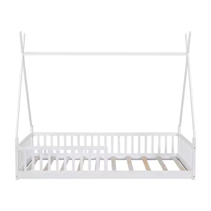 Kinder-Bodenbett, Zeltbett in Einzelbettgröße, Montessori-Bodenbett mit Lattenrost und Schutzgittern, Bettrahmen aus Holz in Hausform für Jungen und Mädchen