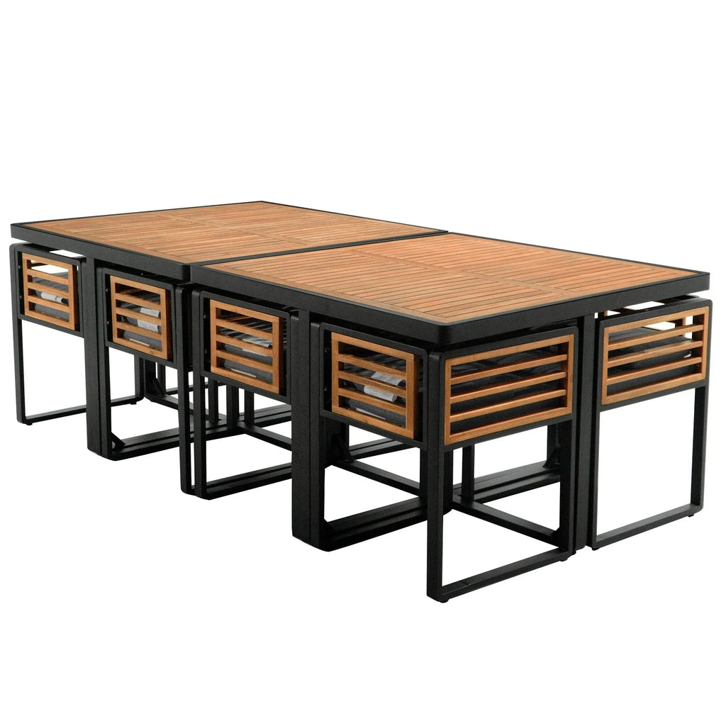 18-teiliges Garten-Esszimmer-Set aus Akazienholz, 8 gepolsterte Stühle, 8 Hocker und 2 quadratische Tische